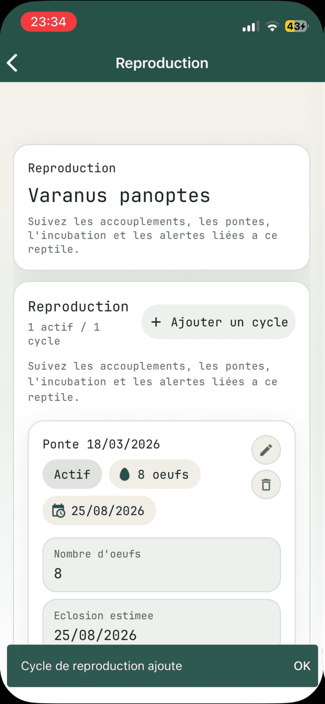 Capture de la section reproduction ReptiTrack